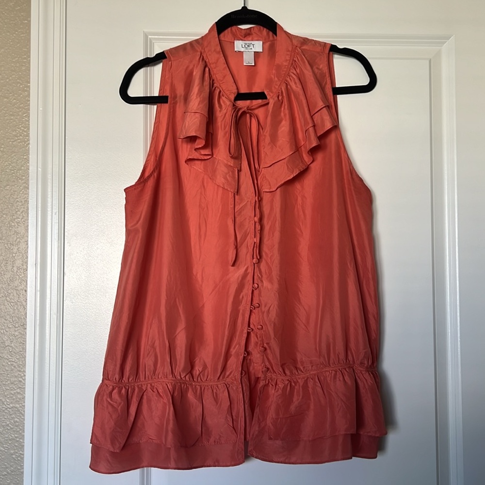 LOFT Silk Coral Sleeveless Button Up Collared Blouse